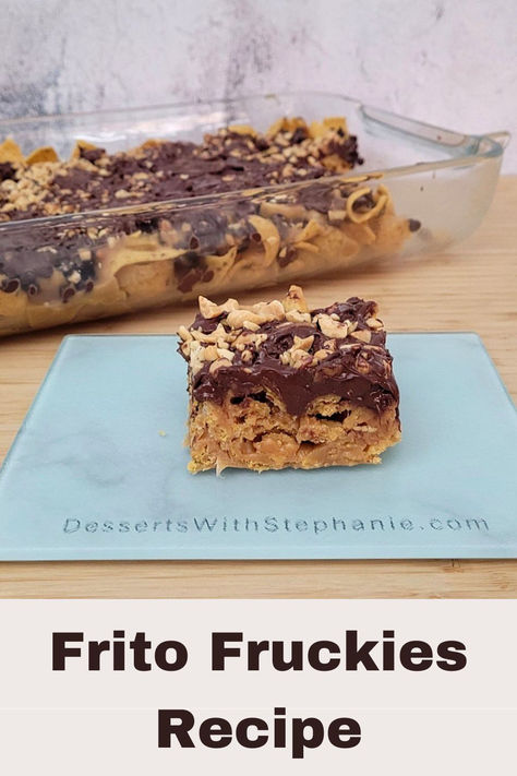 one frito fruckie on a cutting board and remainder in pan Fruckies Recipe, Fritos Bars, Frito Fruckies, Frito Bars Recipe, Frito Bars, Frito Recipe, Dessert Bars Recipes Easy, Bars Recipes Healthy, Easy Bar Recipes