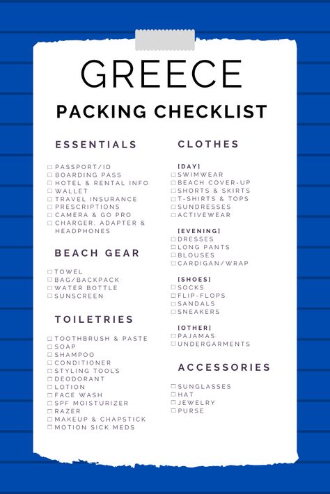 Greece Packing Checklist, Greece Travel Must Haves, Two Weeks In Greece Packing, Greece Outfits For October, Traveling To Greece Packing Lists, Packing List Greece Summer, What To Bring To Greece, Greece Trip Planning, Greek Packing List