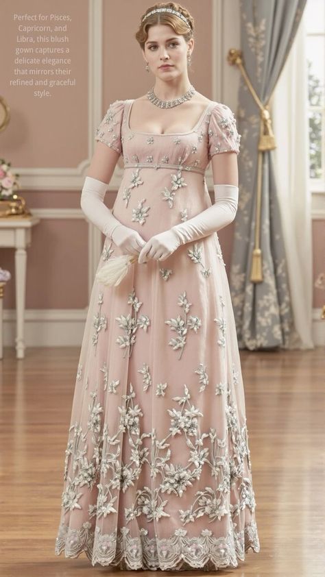 Pride And Prejudice Dress, Women's Style Tips, Historical Gowns, Regency Gown, Regency Era Fashion, Prom Inspiration, Pisces Capricorn, Balanced Design, Regency Dress