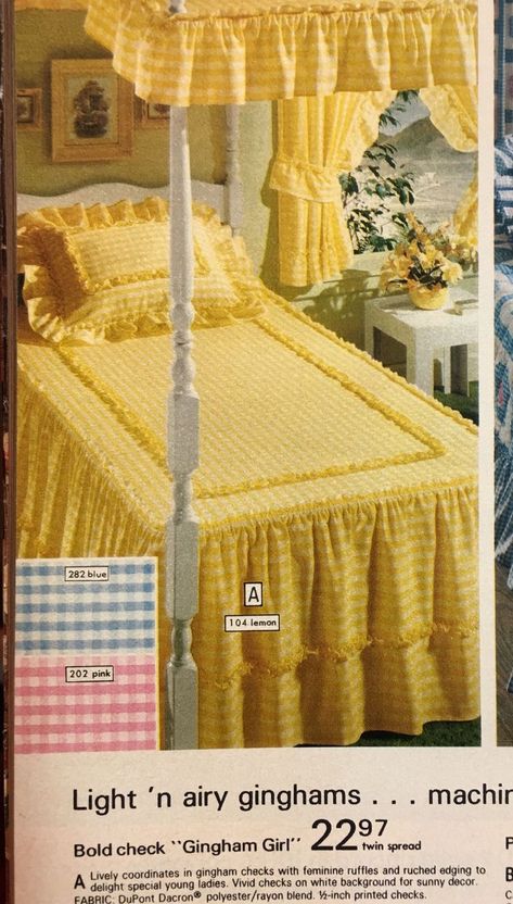 Canopy beds! Gingham Bedspread, Gingham Bedding, White Bedspread, Pink Bedspread, Princess Phone, Sears Catalog, Youngest Daughter, Yellow Gingham, Childhood Memories 70s