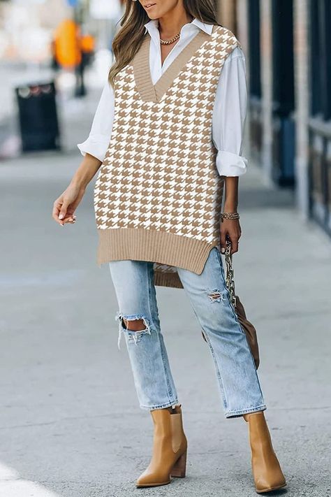 Oversized Houndstooth Sweater Vest Houndstooth Sweater Vest, Sweater Vest Outfit Women, Cute Oversized Sweater, Sweater Vest Outfit, Long Sweater Vest, Cute Thanksgiving Outfits, Houndstooth Sweater, Oversized Vest, Buffalo Plaid Shirt