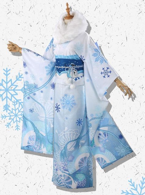 Japanese Haori Outfit, Light Blue Kimono Traditional, Haori References, Blue Kimono Traditional, Snowflake Kimono, Ocean Kimono, Cute Haori, Snow Kimono, Pretty Kimonos