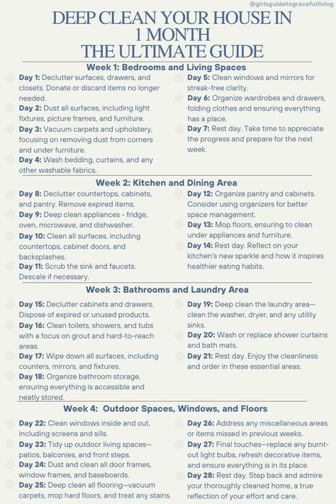 One Cleaning Task A Day, Deep Clean House In One Month, Apartment Deep Clean, Deep Cleaning And Decluttering, Deep Cleaning Routine, Deep Cleaning Apartment Checklist, 6 Month Action Plan, Deep Clean Schedule, Adulting Guide