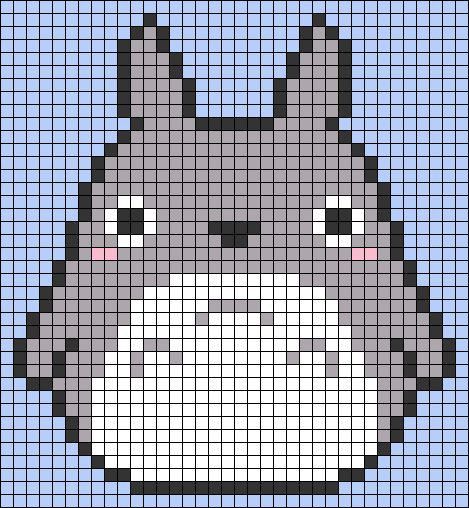 Totoro Alpha Pattern Front And Back, Totoro Pattern Crochet, Pixilated Art Anime, Totoro Crochet Grid, Crochet Tapestry Totoro, Alpha Patterns Crochet Studio Ghibli, Pixel Art Pattern Ghibli, Totoro Perler Beads Pattern, Totoro Grid Pattern