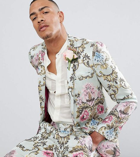 ASOS Edition ASOS EDITION Tall wedding skinny suit jacket in pastel floral jacquard for men. formal/menswear/shopping/affiliate Floral Suit Men, Floral Suit Jacket, Floral Suit, Formal Dresses For Men, Formal Mens Fashion, Mens Suit Jacket, Guest Attire, Best Mens Fashion, Groomsmen Attire