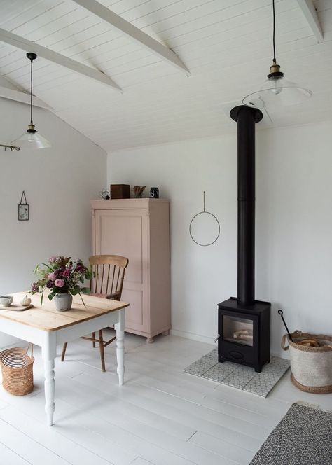 Scandinavian inspired studio space with log burner and white wooden floorboards Wood Burning Stoves Living Room, Timber Frame Building, Log Burner, Wood Burner, Indian Summer, Wood Burning Stove, Studio Space, A Wood, Wood Stove