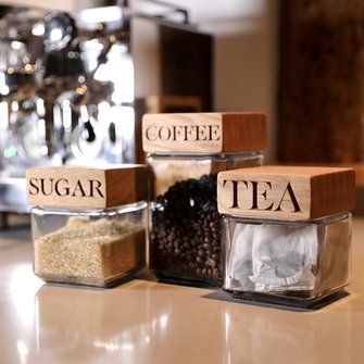 Oak Shelf with Brackets | The Oak & Rope Company Tea And Coffee Jars, Tea Coffee Sugar Jars, Coffee Station Kitchen, Coffee Bar Station, Tea Station, Sugar Container, Coffee Bars In Kitchen, Coffee Jars, Coffee Nook