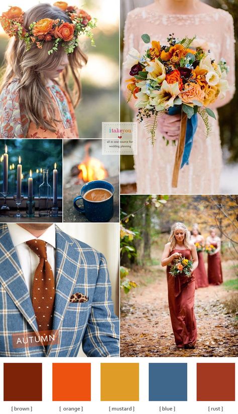 Brown ,Blue ,Mustard,Orange and Rust autumn colours wedding theme ideas | I take you Boho Wedding Colors, Bright Wedding Colors, Wedding Themes Summer, Rustic Boho Wedding, Wedding Themes Fall, Blue Themed Wedding, Bright Wedding, Wedding Colors Blue, Wedding Palette