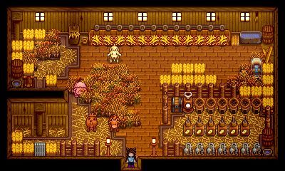 Stardew Valley Four Corners Layout Aesthetic, Stardew Valley Farm Design Ideas, Stardew Valley Town Layout, Stardew Barn Interior, Stardew Valley Cave Design, Stardew Valley Lightning Rod Layout, Stardew Valley Exterior Design, Stardew Valley Builds, Barn Stardew Valley