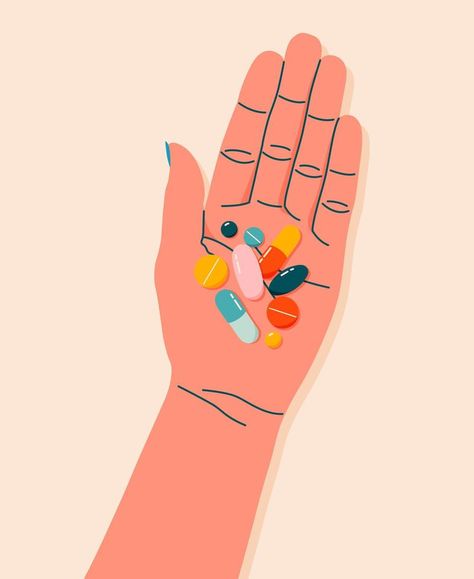 Colorful pills, drugs, vitamins in woman's hand. Female hand holding pills. Healthcare and medicine concept. Hand drawn modern flat vector illustration for web banner, card design. Medicine Aesthetic Pills, Vitamins Illustration, Pill Illustration, Pharmacy Illustration, Healthcare Aesthetic, Medical Instagram, Daniel Molloy, Pill Design, Home Remedies For Fleas