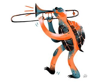 8x10 - Turtle Playing Trombone - Art Print Trombone Art, Sweet Drawings, New Year Illustration, Music Illustration, Children's Book Illustration, Cartoon Illustration, Children Illustration, Animal Illustration, Animal Design