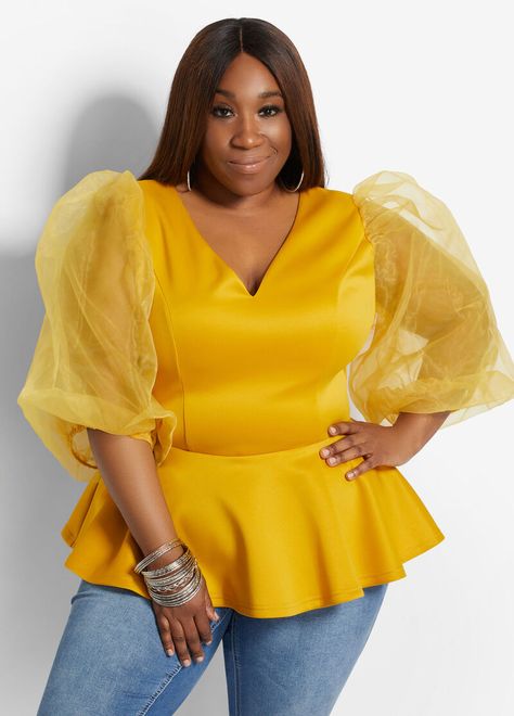 Scuba Organza Puff Sleeve Peplum Organza Peplum Tops, Organza Fashion, Plus Size Peplum Top, Ankara Dress Designs, Plus Size Peplum, Printed Peplum Top, Peplum Tops, Organza Sleeves, Sequin Tee