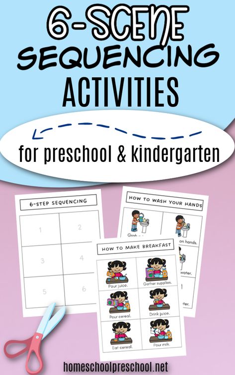 If you have a kindergartner at home or in your classroom, you'll want to check out these free printable 6 scene sequencing cards! Sequencing Cards Preschool, Sequencing Activities Preschool, Sequencing Kindergarten, Free Kindergarten Printables, Sequencing Pictures, Free Homeschool Resources, Sequencing Cards, Homeschool Freebies, Free Preschool Printables