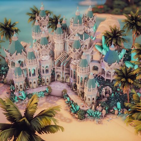 🧜🌴 Sulani Mermaid Temple 🌴🧜‍♀️ The holy Mermaid Temple is surrounded by white rocks and large palm trees. All around, the mermaids splash around in the water, enjoy the sun, lie in the warm sand and enchant listeners with their lovely singing. In this sacred place all mermaids meet, their iridescent scales glitter in the sun and their breathtaking sight beguiles mortals. But be warned, this place is only for magical creatures, anyone who went to the temple never came back... This build is i... Sims4 Mermaid, Large Vegetable Garden, San Sequoia, Iridescent Scales, Castle Exterior, Gamer Design, White Rocks, Games Ps4, Sims 4 House Design