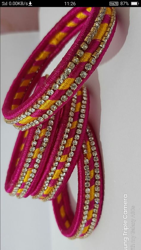 Silk Thread Necklace Handmade, Thread Bangles Design Bridal, Handmade Bangles Ideas, Thread Bangles Silk Handmade, Fabric Bangles Handmade, Silk Thread Earrings Designs, Fabric Bangles, Silk Thread Bangles Design, Silk Bangles