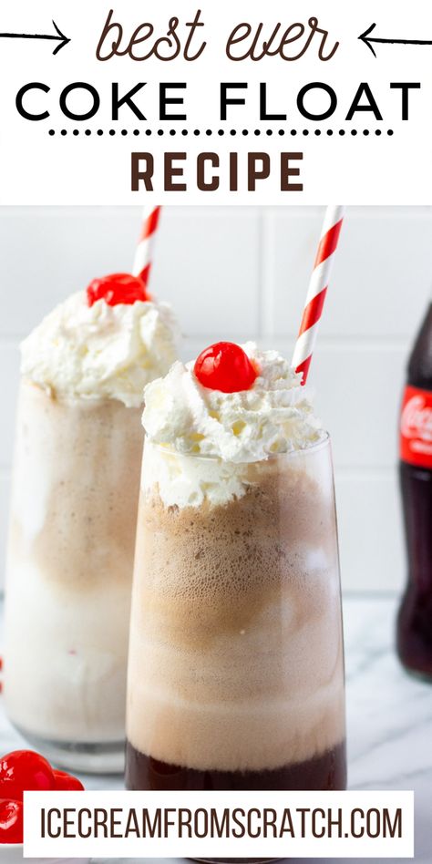 A tall filled with vanilla ice cream scoops and coke, topped with whipped cream, a maraschino cherry and a red and white straw. Coke Ice Cream Float, Coke Float Recipe, Coke Float Bar, Soda Floats Recipes, Coke Float Jollibee, Ice Cream Soda Floats, Ice Cream Floats Ideas, Coke Slushie Recipe, Floats Ice Cream