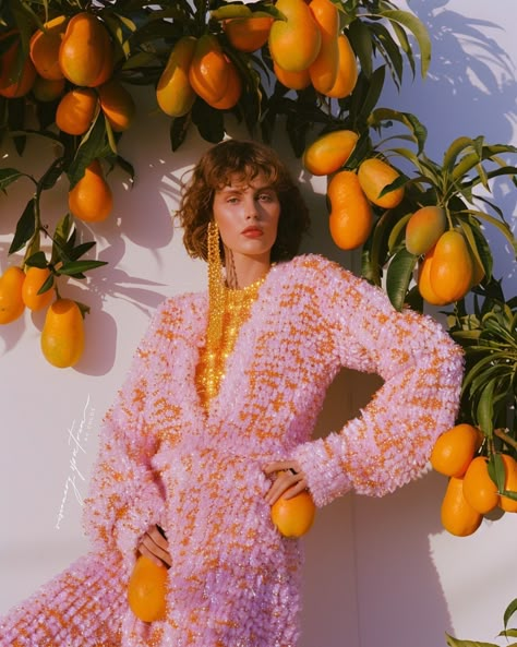 Papaya Mango 🥭 #papaya #mango fruit #fruitfashion #colorful #summer #midjourney #promptography #fashioncontent #fashiongram #aifashion #bazaar #editorial Fruity Fashion Aesthetic, Fruit Editorial, Tropical Fashion Editorial, Colorful Fashion Editorial, Mango Aesthetic, Sunflower Shoot, Fruit Dress, Mango Flower, Fruit Shoot