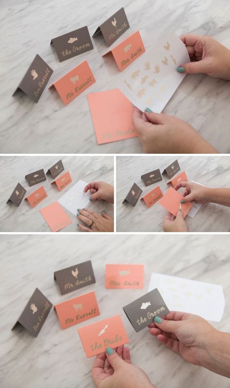 Learn how to make adorable custom Entree Seating cards using your Cricut Explore! Place Cards With Cricut, Place Cards Cricut, How To Make Place Cards With Cricut, Wedding Placecard On Cricut, Cricut Place Cards, Cricut Wedding Name Place Cards, Wedding Reception Cards, Cricut Wedding, Wedding Name Cards