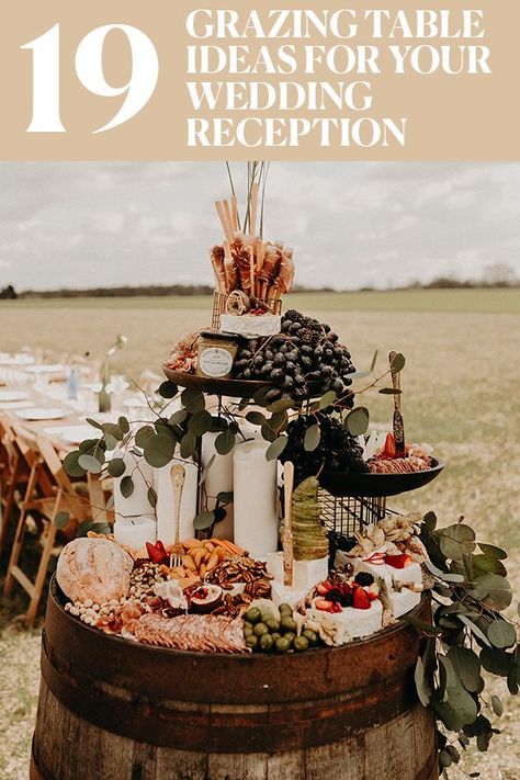 Elevated Grazing Table Ideas, Grazing Table Finger Foods, Spanish Grazing Table, Blue Grazing Table, Graze Tables Ideas, Round Grazing Table Wedding, Charcuterie Board Centerpiece Wedding Round, Wine Barrel Charcuterie Board, Small Wedding Grazing Table Ideas