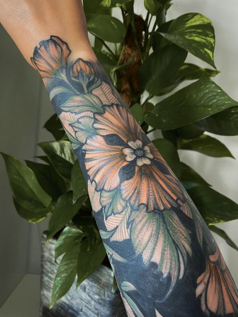 Muted Tattoo Colors, Half Sleeve Tattoos Nature, Botanical Tattoo Sleeve, Lower Arm Tattoos, Weird Style, Tattoos Inspo, Favorite Tattoos, Beauty Marks, Tattoos Inspiration