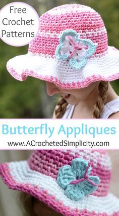 Free Crochet Patterns - Butterfly Appliques - 2 Styles & Sizes - by A Crocheted Simplicity (photo tutorial) Beanies Crochet, Children Hats, Crochet Summer Hats, Crochet Baby Hat Patterns, Crochet Sun Hat, Crocheted Hats, Crochet Toddler, Preemies, Crocheted Hat