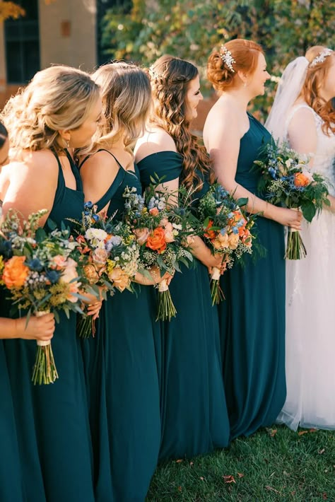 A Wedding at The Desmond Hotel in Malvern, PA | Daniel + Shannon | Josiah + Steph Photography #PennsylvaniaWeddingPhotographer #PhiladelphiaWeddingPhotographer #FallWedding Teal Navy Wedding, Dark Teal Wedding Flowers, Dark Teal Spring Wedding, Emerald Green And Navy Blue Bridesmaid Dresses Mixed, Black Bridesmaid Dresses Teal Flowers, Dark Teal Satin Bridesmaid Dresses, Emerald Wedding Colors, Colorful Wedding Bouquet, Fall Bridesmaids