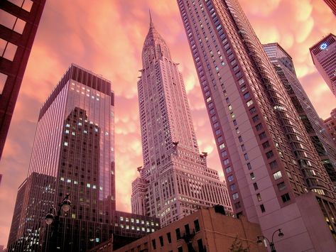 *🇺🇸 Chrysler Building sunset (New York City, NY) by Mitch Waxman 🏙🌅 Aesthetic New York City, Aesthetic New York, San Myshuno, Rose Gold Aesthetic, Gold Aesthetic, City Vibe, Pastel Pink Aesthetic, Photo Wall Collage, Pink Walls