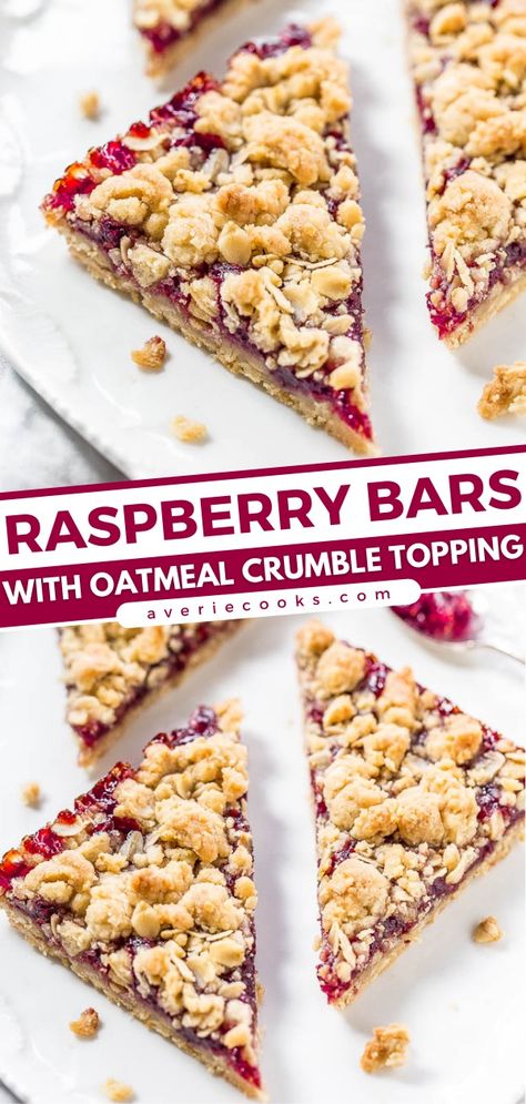 Easiest Raspberry Oatmeal Bars - Averie Cooks Oatmeal Crumble Bars, Oatmeal Crumble Topping, Raspberry Crumble Bars, Oatmeal Crumble, Raspberry Oatmeal, Delicious Oatmeal, Raspberry Crumble, Raspberry Bars, Raspberry Recipes