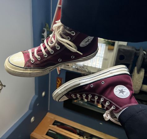 #shoes #sneakers #fashion #clothing #converse Dark Red High Top Converse, Dark Red Converse, Red High Top Converse, Maroon Converse, Chuck Taylor 70, Maroon Outfit, Red High Tops, Red Converse, Beige Nails