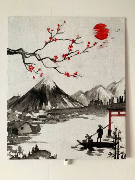 Acrylic on A4 canvas board. Original painting. Perfect for any japan enthusiast! Watercolour Nature Landscapes, Japanese Nature Painting, Painting Ideas On Canvas Japanese, Painting Ideas Japan, Traditional Japanese Landscape Art, Drawing Ideas Japanese, Japan Oil Painting, Japan Painting Easy, Japan Painting Acrylic