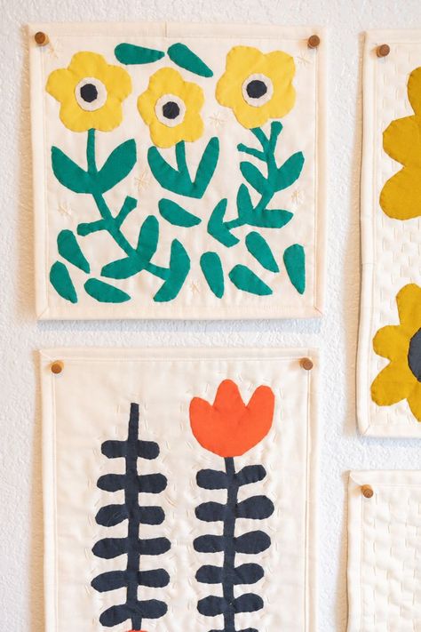 A finished needle turn appliqué wall hanging, using the printable PDF pattern. Large Wall Hanging Diy, Sewed Wall Hanging, Modern Applique Designs, Applique Heart Quilt, Diy Home Goods, Sewing Wall Hanging, Needle Turn Applique Patterns, Applique Wall Hangings Ideas, Fabric Applique Ideas