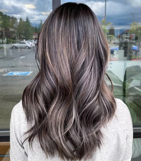 Brilliant Ash Brown Balayage with Sparkles Natural Ash Brown Hair, Ash Brown Hair Color Ideas, Ash Brown Hair With Highlights, Medium Ash Brown Hair, Dark Ash Brown Hair, Light Ash Brown Hair, Grey Brown Hair, Cool Brown Hair, Ash Balayage