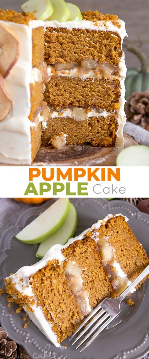 This Apple Pumpkin Cake is perfect for Fall! Moist and delicious pumpkin cake layers with a tangy cream cheese frosting and apple pie filling. | livforcake.com Apple Pumpkin Cake, Pumpkin Apple Cake, Apple Pumpkin, Homemade Snickers, Pumpkin Cake Recipes, Cookies Bars, Apple Pie Filling, Cake Layers, Homemade Apple Pies