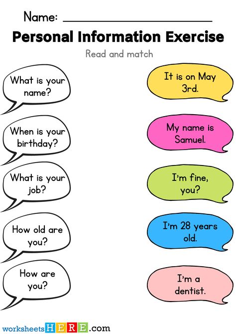 Personal Information Exercise, Personal Information Question and Answers Matching Worksheet - WorksheetsHere.com What's Your Name Worksheet, Personal Information Worksheet, When Is Your Birthday, Matching Worksheets, Personal Questions, Kindergarten Crafts, What Is Your Name, 28 Years Old, How Old