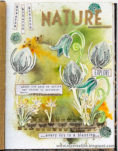 Layers of ink - Nature Art Journal Page by Anna-Karin. Made for the Simon Says Stamp Monday Challenge blog, with stamps and Infusions by Paper Artsy. Page was done in Ranger Dina Wakley Media Journal. Art Journal Cover, Journal Cover, Journal Page, Art Journal Pages, Journal Pages, Nature Art, Art Journal, Mixed Media, Stamp