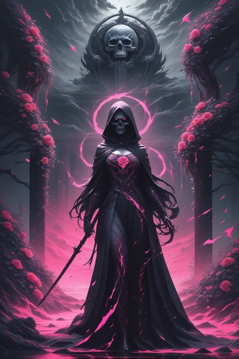 dark magic, grim, roses, atmospheric perspective, reaper Woman Grim Reaper Tattoo, Grim Reaper Reference, Grim Reaper Female, Grim Reaper Pfp, Grim Reaper Anime, Pink Grim Reaper, Anime Grim Reaper, Female Reaper, Mystical Characters