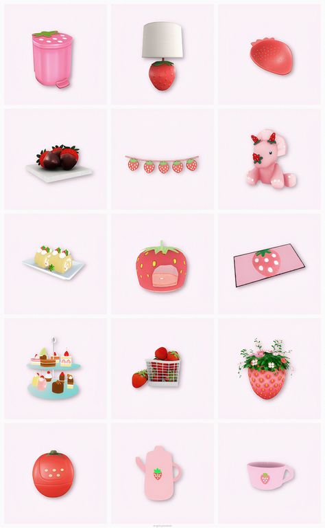 Sims 4 Strawberry, Pink Princess Room, Cake Rolls, Strawberry Decorations, Sims 4 Dresses, Sims 4 Cc Packs, Sims 4 Cc Furniture, Trash Bin, Sims 4 Build