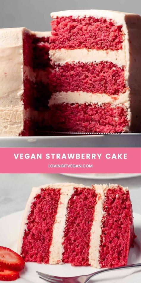 Eggless Strawberry Cake, Vegan Cake Recipes Easy, Vegan Strawberry Cake, Vegan Bakes, Strawberry Buttercream Frosting, Patisserie Vegan, Vegan Birthday Cake, Vegan Baking Recipes, Strawberry Cake Recipes