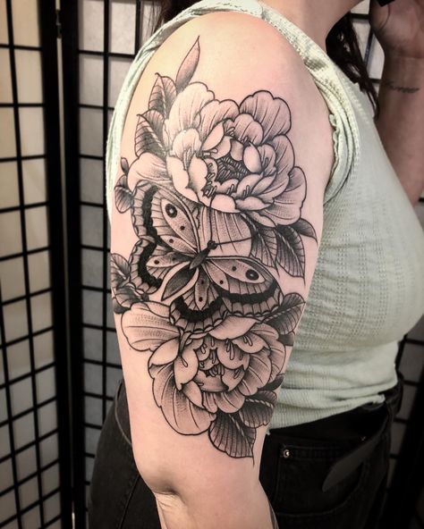 Peony Butterfly Tattoo, Peony Bird Tattoo, Peony Flower With Butterfly Tattoo, Bird And Peony Tattoo, Peony And Butterfly Tattoo Sleeve, Saved Tattoo, Peonies Tattoo, Butterfly Tattoo Designs, Baby Tattoos