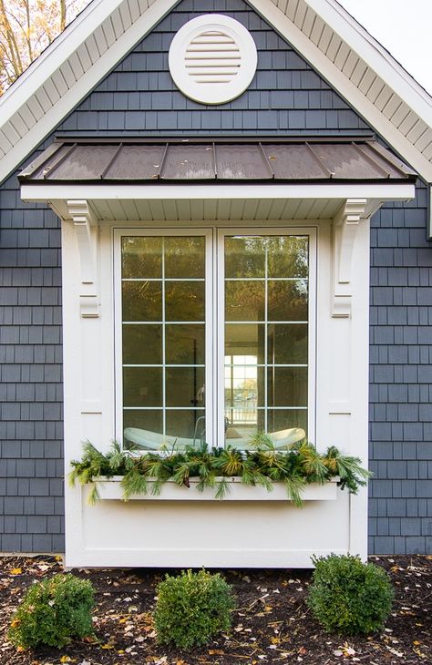 Winter Front Porch - The Lilypad Cottage Bay Window Exterior, Lilypad Cottage, Winter Window Boxes, Lake Front, Cottage Exterior, Christmas Front Porch, Exterior Makeover, Farmhouse Front, Exterior Remodel