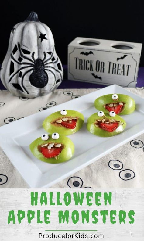 Halloween Snack For Kids, Apple Monsters, Keep Apples From Browning, Fun Halloween Snacks, Baby Led Weaning Breakfast, Healthy Halloween Food, Easy Halloween Snacks, Halloween Snacks For Kids, Halloween Apples