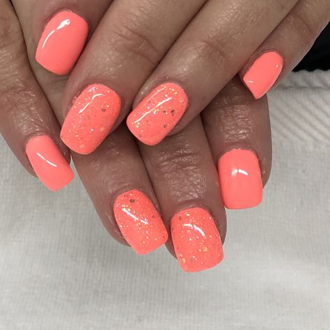 Bright Summer Coral Glitter Gel Nails  Light Elegance Tailgator & Mango Crush Fun Bright Nail Color Ideas, Coral Shimmer Nails, Summer Nails With Sparkle, Coral Color Nails Summer, Coral Nails With Glitter Summer, Coral And Glitter Nails, Bright Shellac Nails, Holiday Nails Summer 2023 Coral, Classy Summer Gel Nails