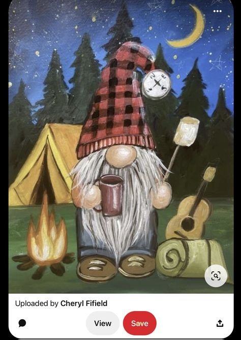 Camping Gnome Painting, June Gnome, Gnome Artwork, Gnome Paintings, Painting Letters, Paint For Beginners, Buttons Ideas, Gnome Painting, Camper Quilt