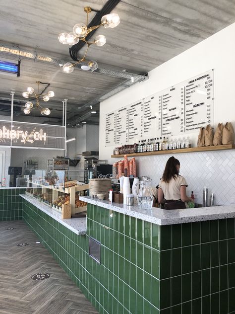 Cafe Interior Design Counter, Vibrant Coffee Shop, Display Room Design, Urban Cafe Design, Coffee Shop Inspiration, Cafe Counter Ideas, Cafe Counter Design, Green Coffee Shop, Restaurant Counter Design