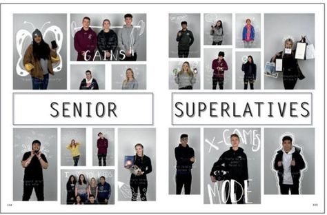 Senior Superlatives Yearbook Layout, Senior Superlatives Yearbook, Yearbook Advisor, Newspaper Design Inspiration, Yearbook Superlatives, Senior Superlatives, Photobook Ideas, Yearbook Spreads, Yearbook Layouts