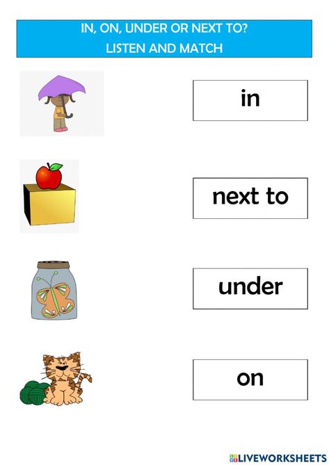 In On Under Next To Worksheet, Second Language, School Subjects, Grade 1, Online Workouts, Google Classroom, First Grade