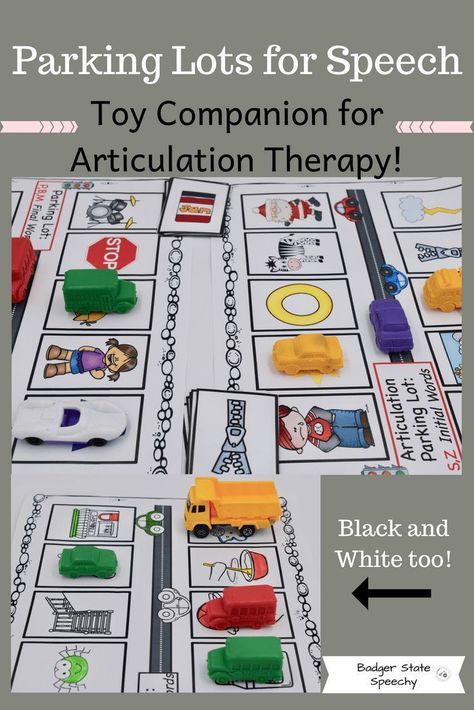 Parking Lots for Speech!! Toy Companion for Therapy! - Badger State Speechy.  Perfect for articulation groups where each student has a different target sound.  Black and white versions also included for homework and home programs. Phonics Ideas, Early Intervention Speech Therapy, Preschool Speech Therapy, Speech Articulation, Play Therapy Techniques, School Speech Therapy, Speech Therapy Games, Slp Activities, Articulation Activities