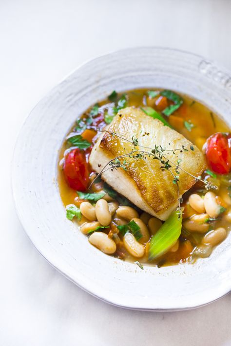 Pan Seared Sea Bass, Feasting At Home, Cannellini Bean, Cooking For Beginners, Bean Stew, Cannellini Beans, Seafood Dinner, Sea Bass, Pan Seared