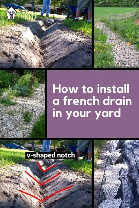 How to install a french drain in your yard Simple French Drain, Landscape For Drainage Problems, Water Draining Landscape, Outside Drainage Solutions, Water Drainage Ideas Yards Driveways, French Drains Landscaping, How To End A French Drain, House Drainage Ideas, Rock Trench Drain