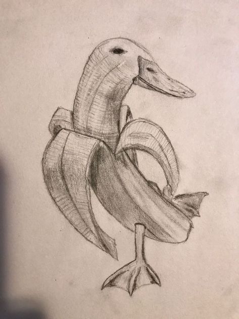 Banana Duck Art, Golf Drawing Ideas, Cute Art Inspo Sketch, Banana Duck Drawing, Duck Drawing Reference, Cool Animals To Draw, Duck Drawing Funny, Drawing Ideas Duck, Ducks Sketch